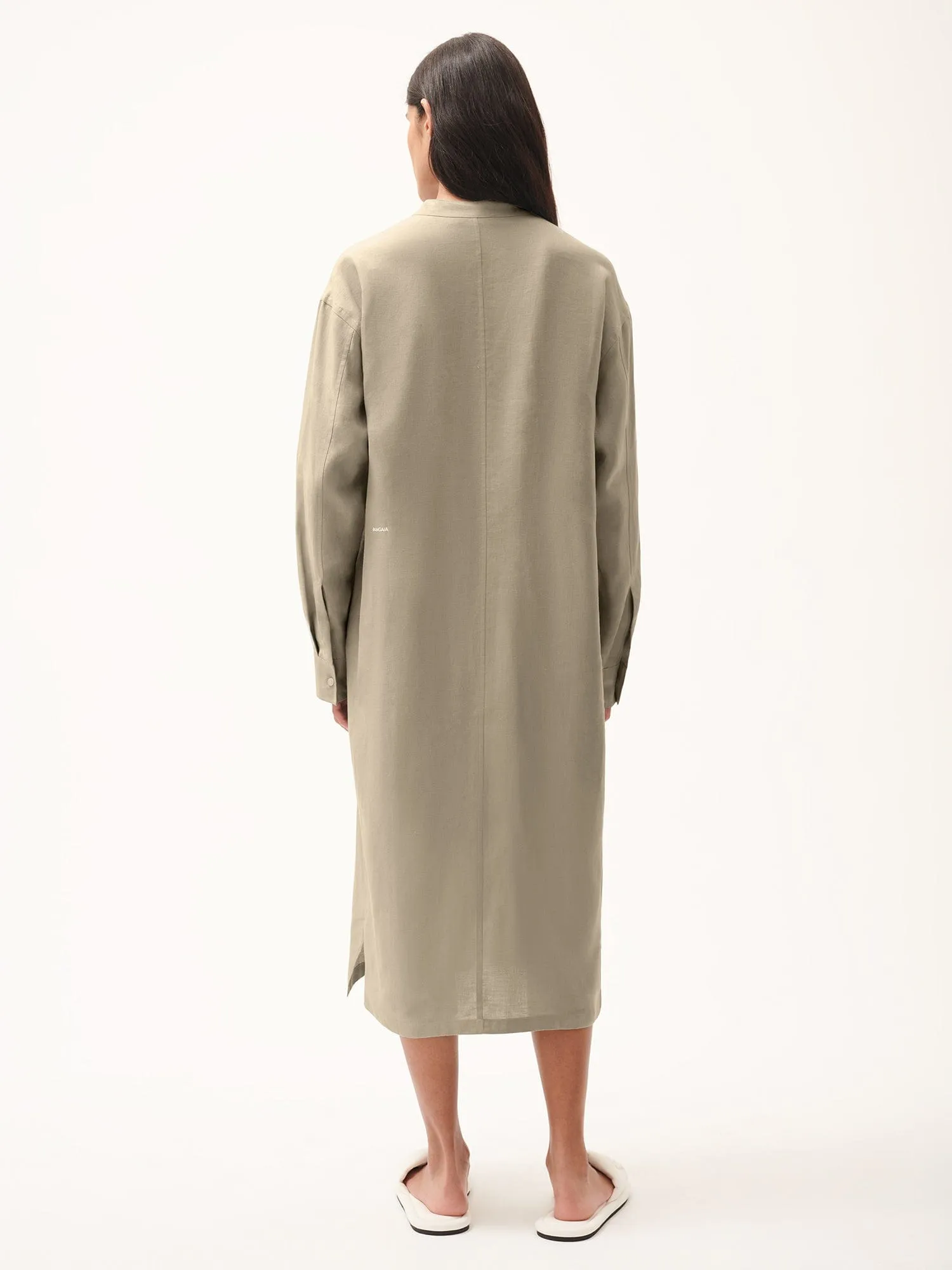 DNA Linen Mandarin Collar Dress—cliff beige