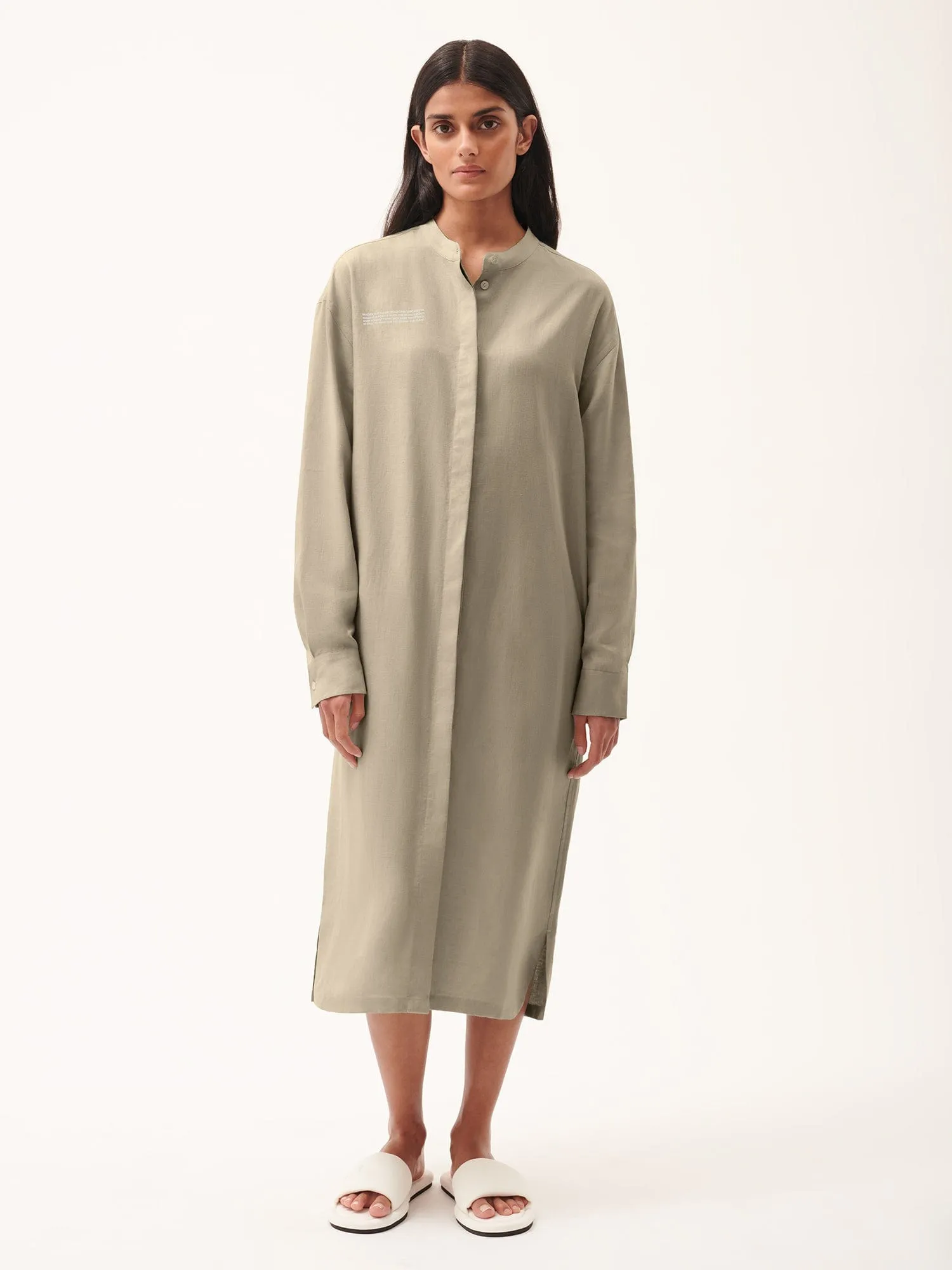DNA Linen Mandarin Collar Dress—cliff beige