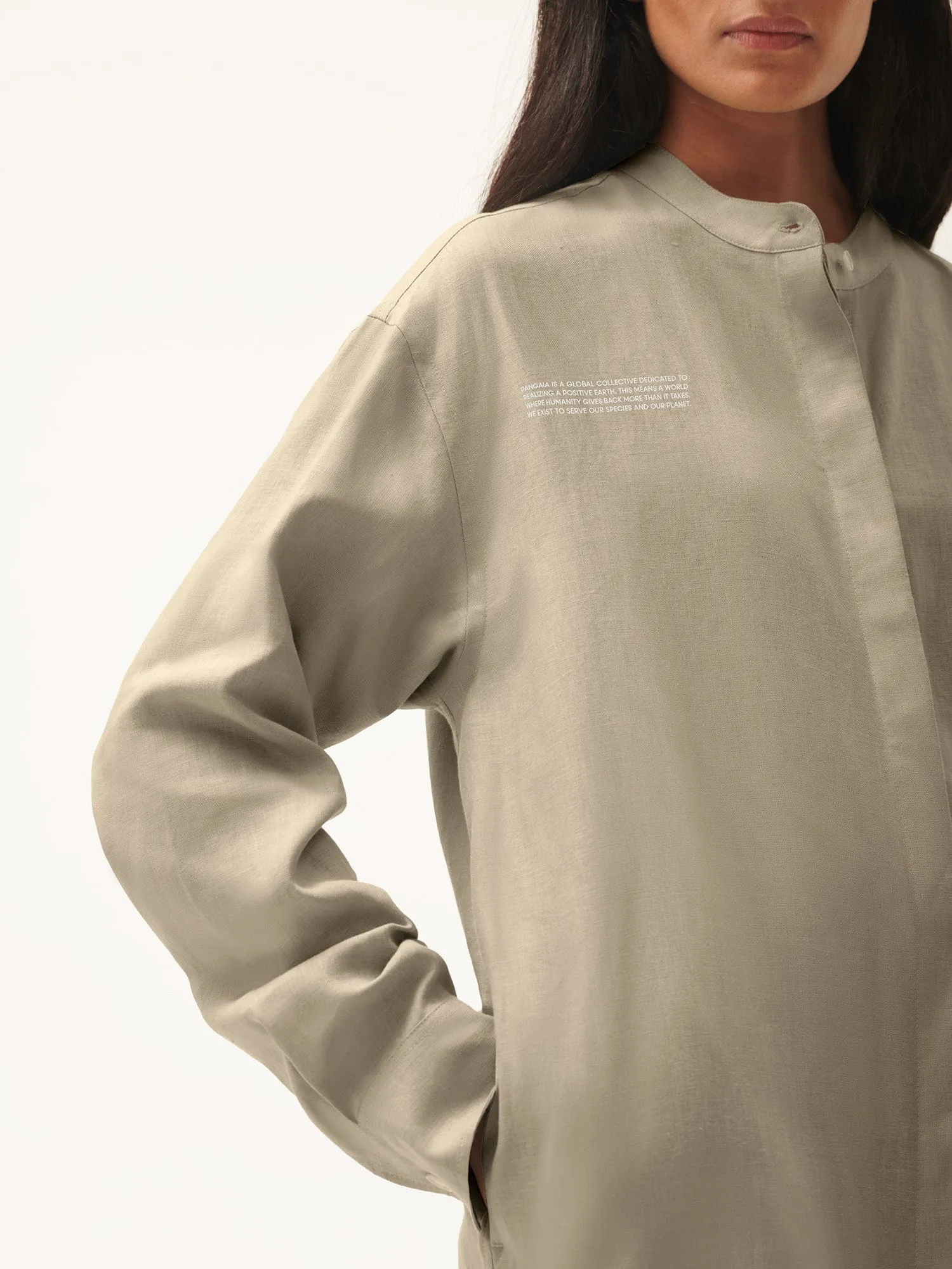 DNA Linen Mandarin Collar Dress—cliff beige
