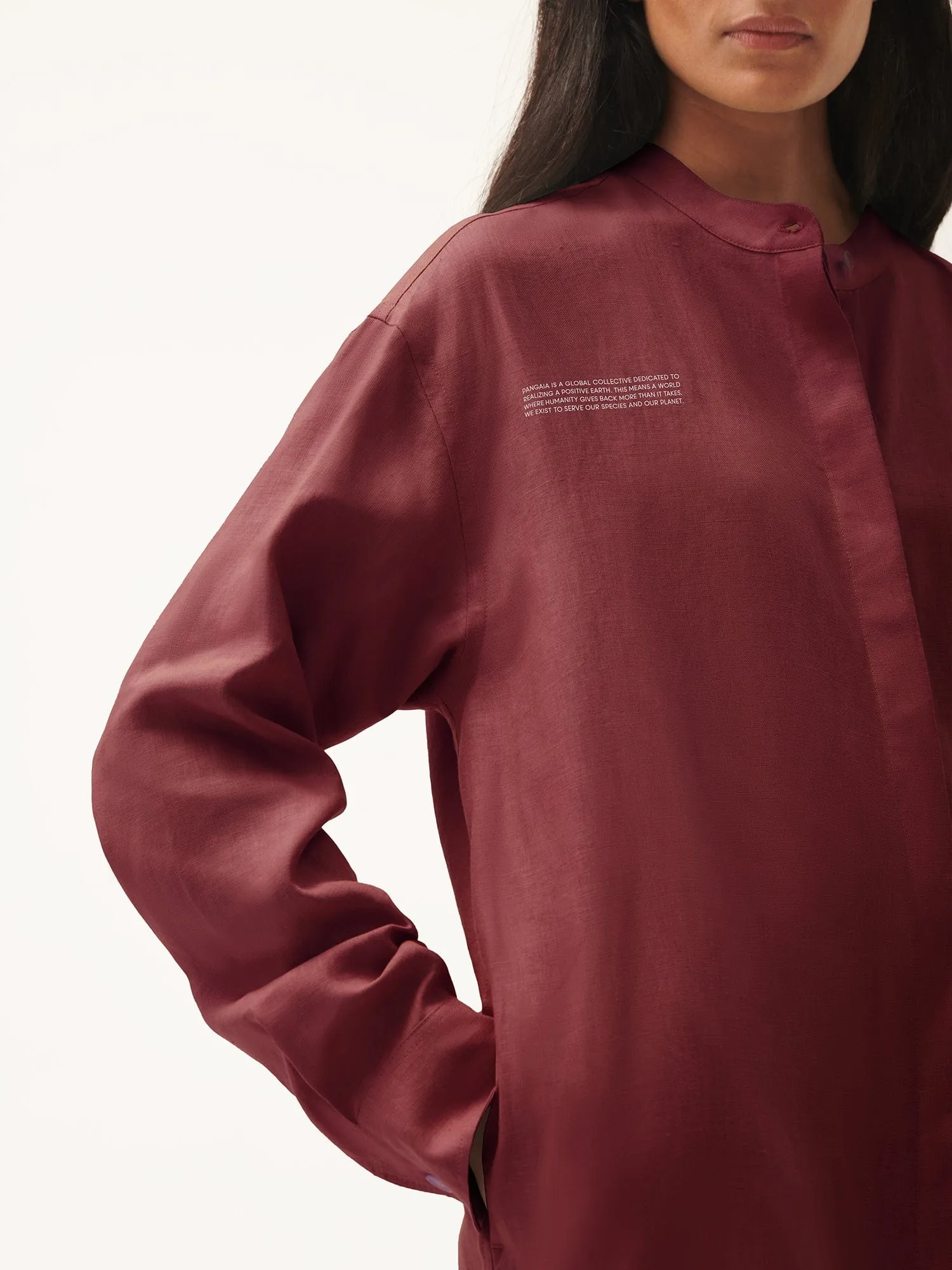 DNA Linen Mandarin Collar Dress—garnet red