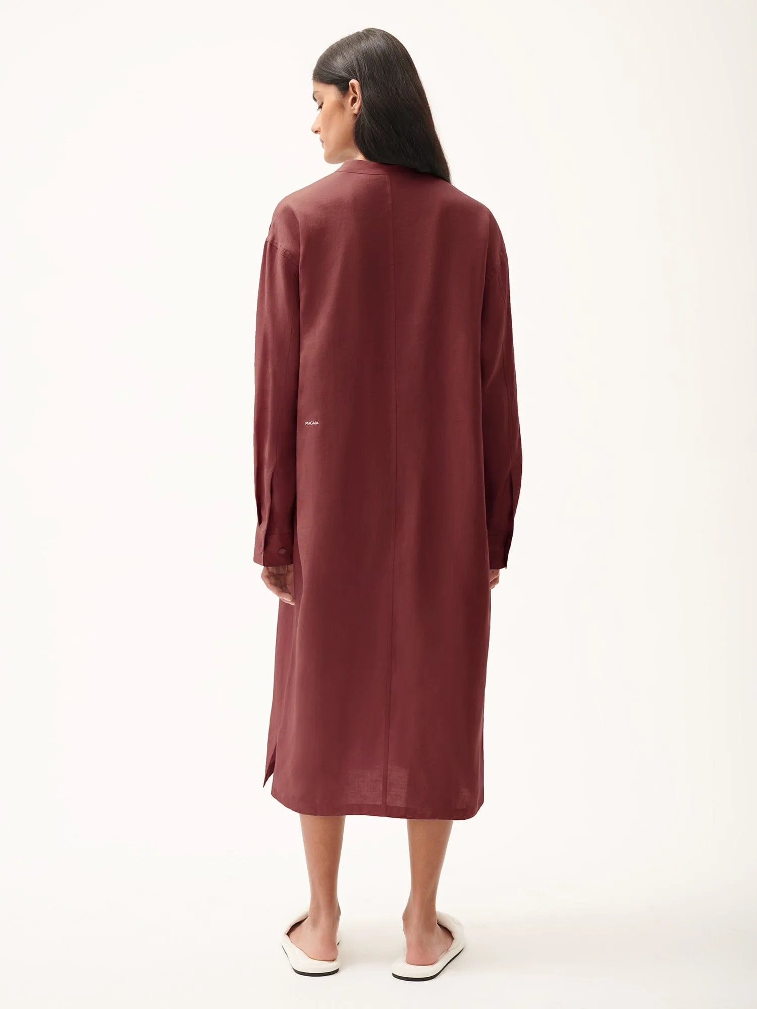 DNA Linen Mandarin Collar Dress—garnet red