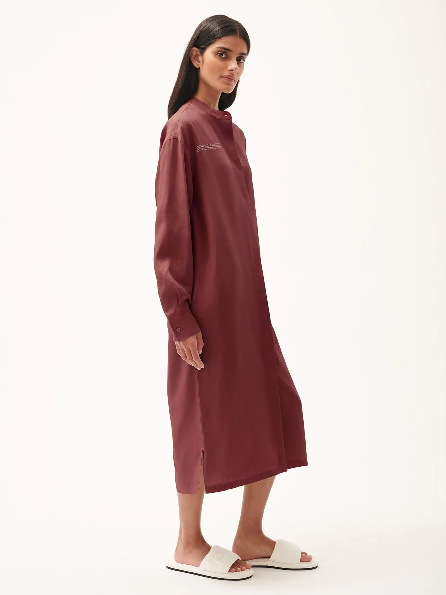 DNA Linen Mandarin Collar Dress—garnet red