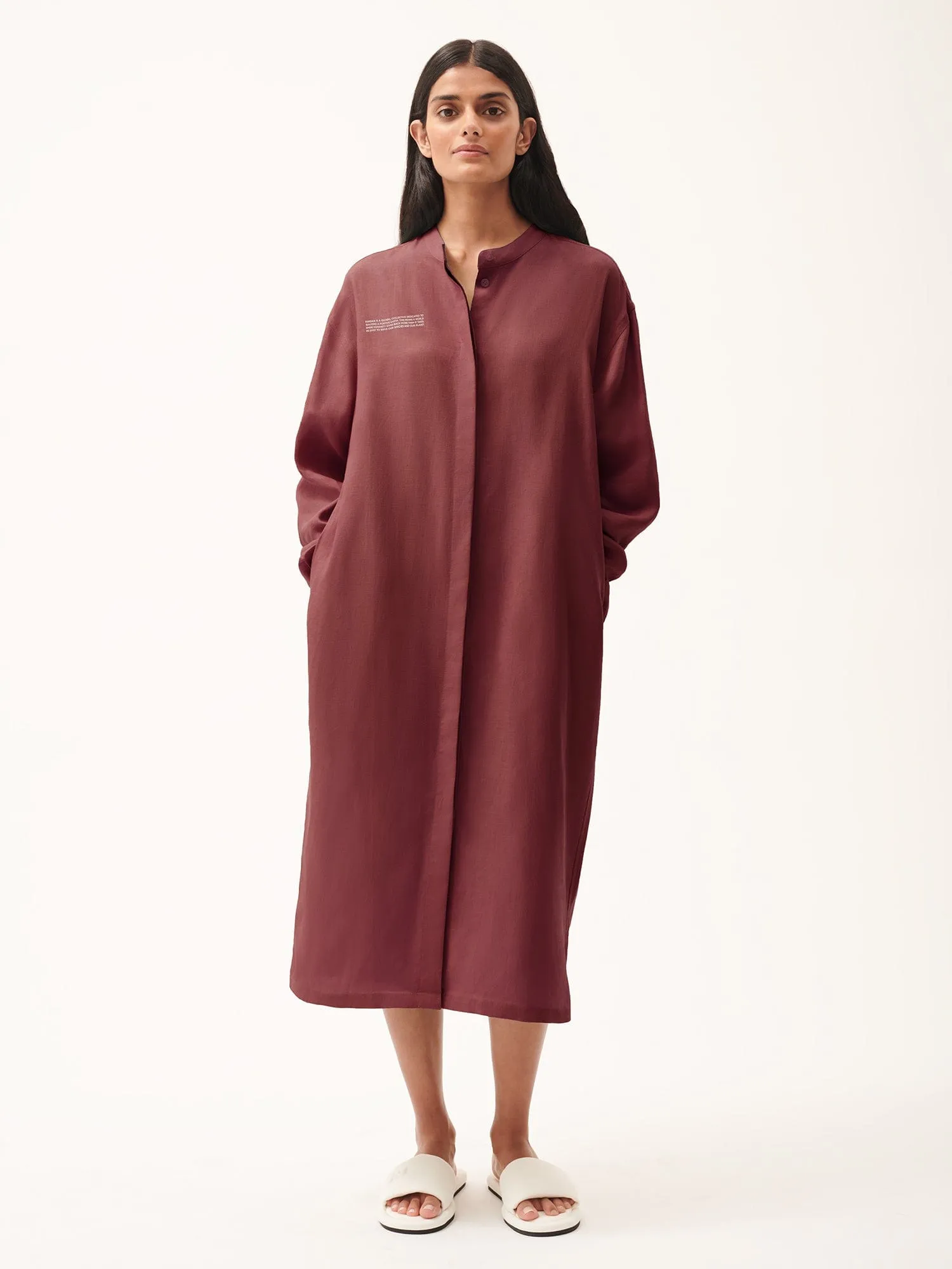 DNA Linen Mandarin Collar Dress—garnet red