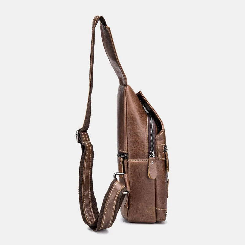 Men Genuine Leather Multi-Pocket Anti-Theft Wear-Resistant Vintage Casual Crossbody Bag Chest Bag