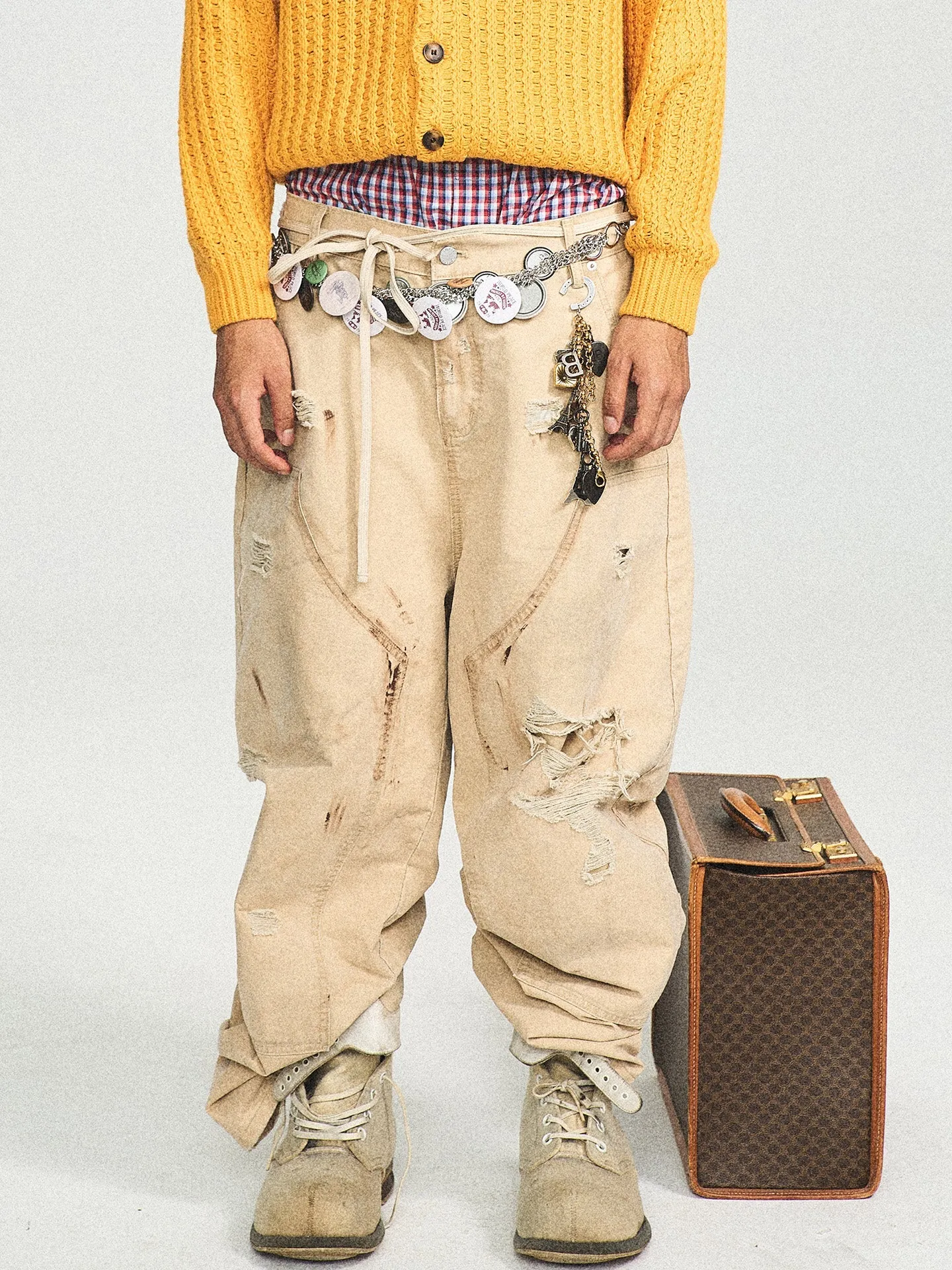 Retro Dirty Wash Hole-Embellished Overalls