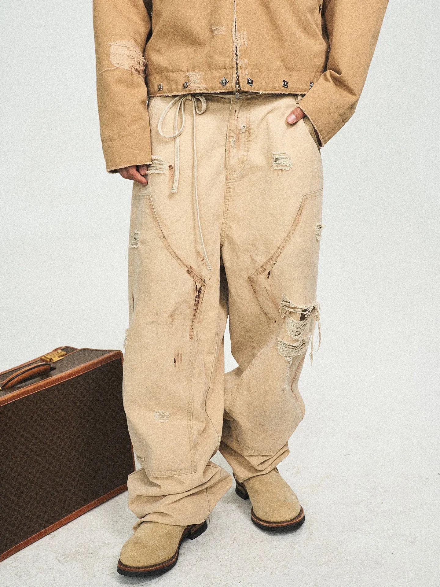 Retro Dirty Wash Hole-Embellished Overalls