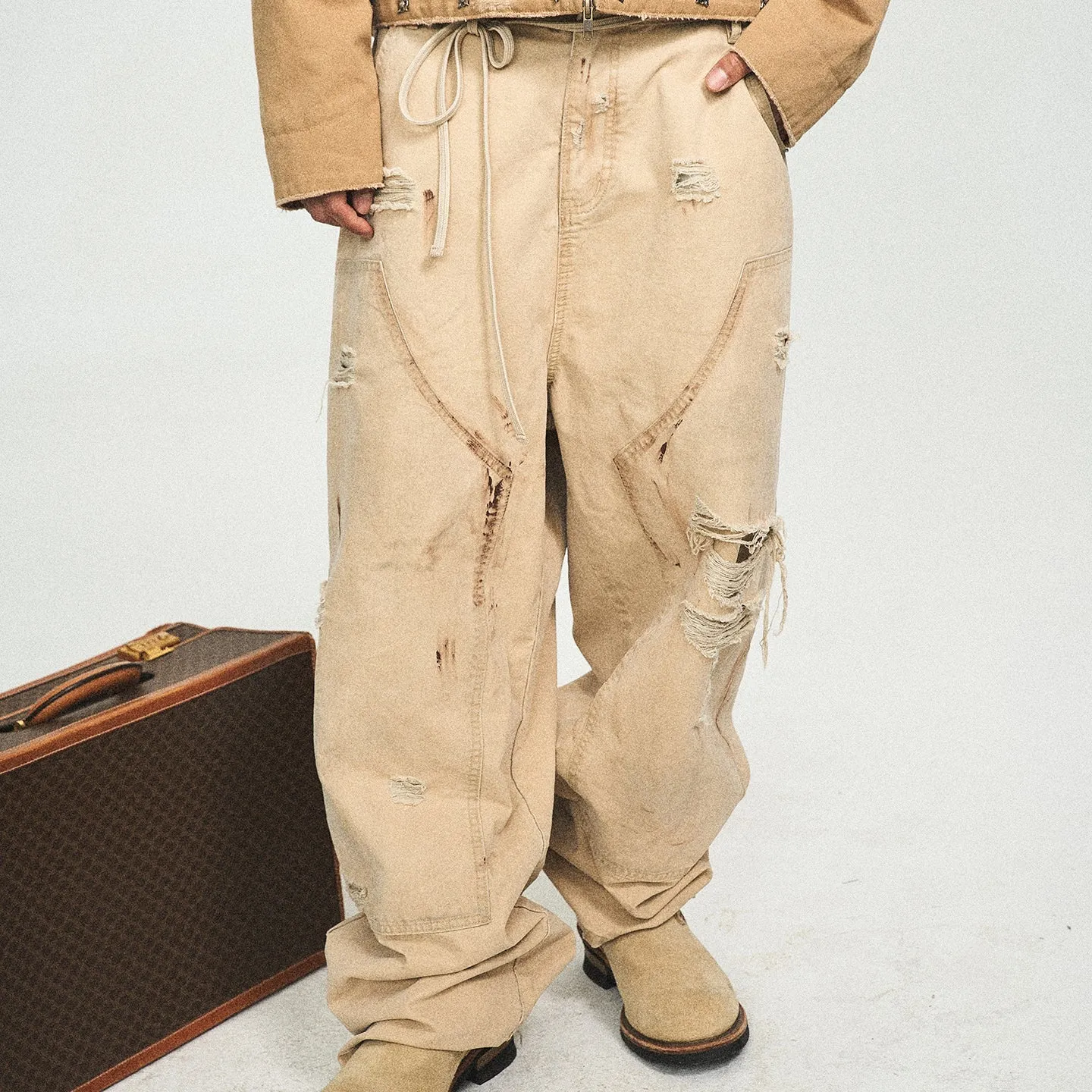 Retro Dirty Wash Hole-Embellished Overalls
