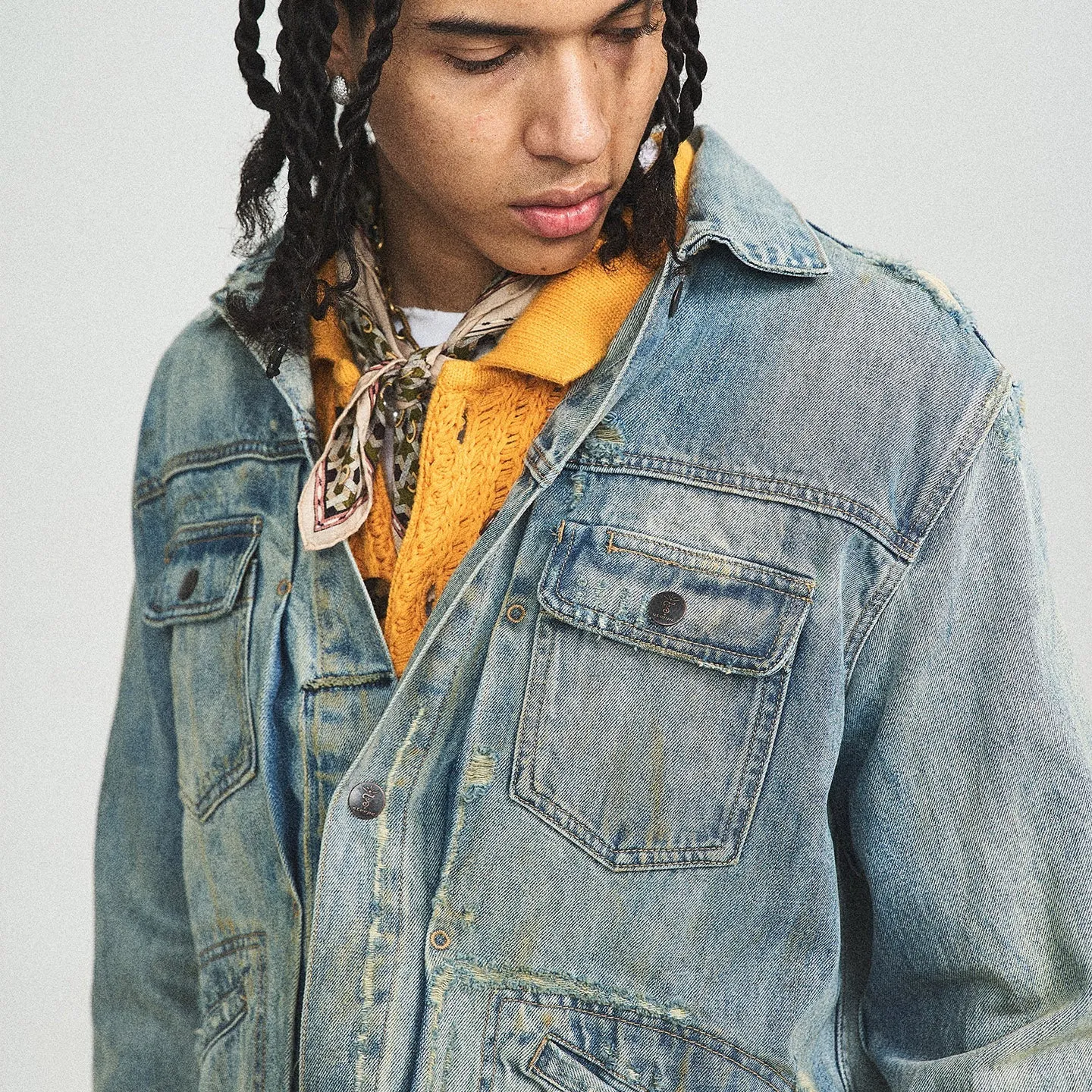 Vintage Washed Pleated Denim Jacket