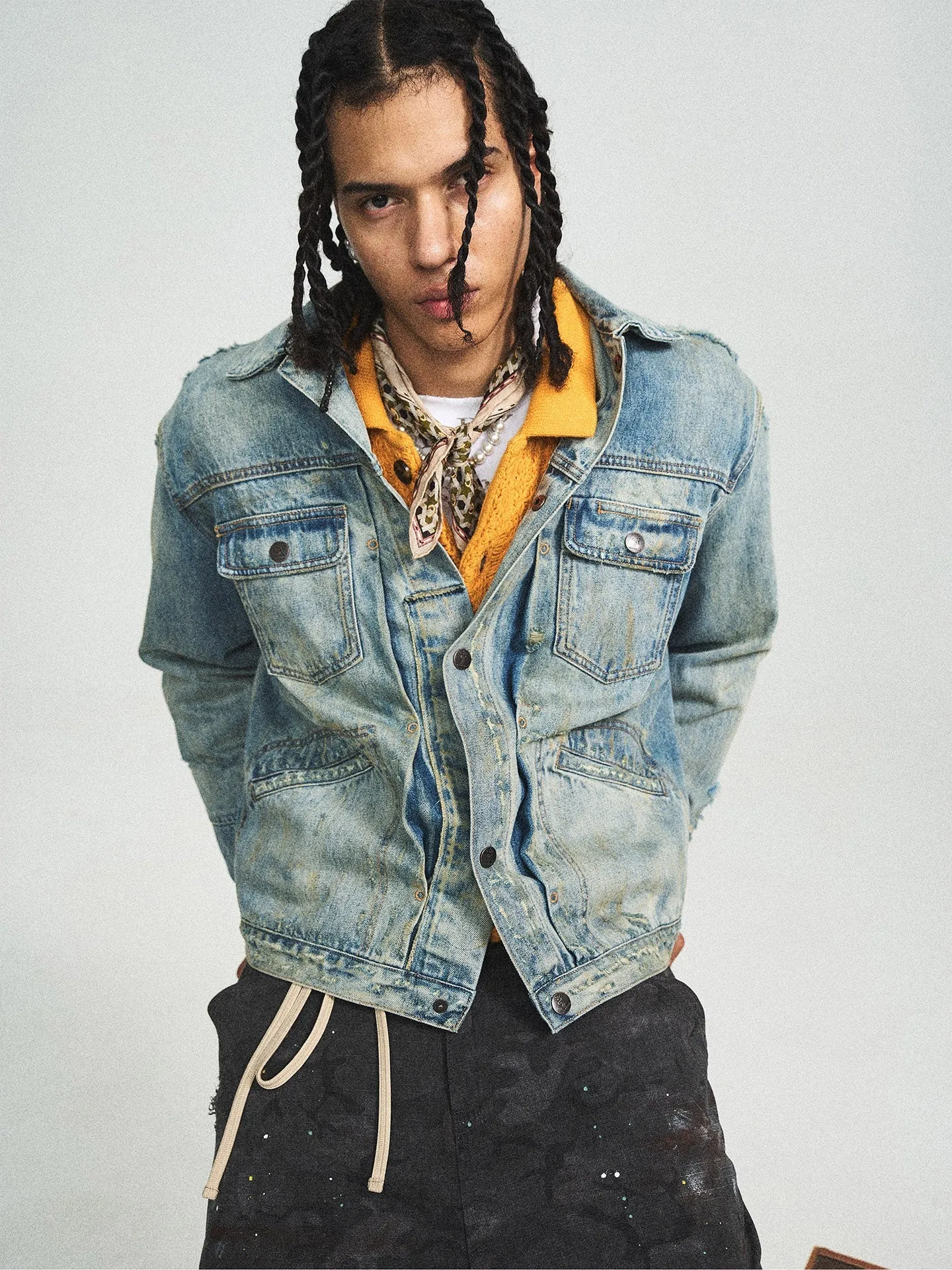 Vintage Washed Pleated Denim Jacket