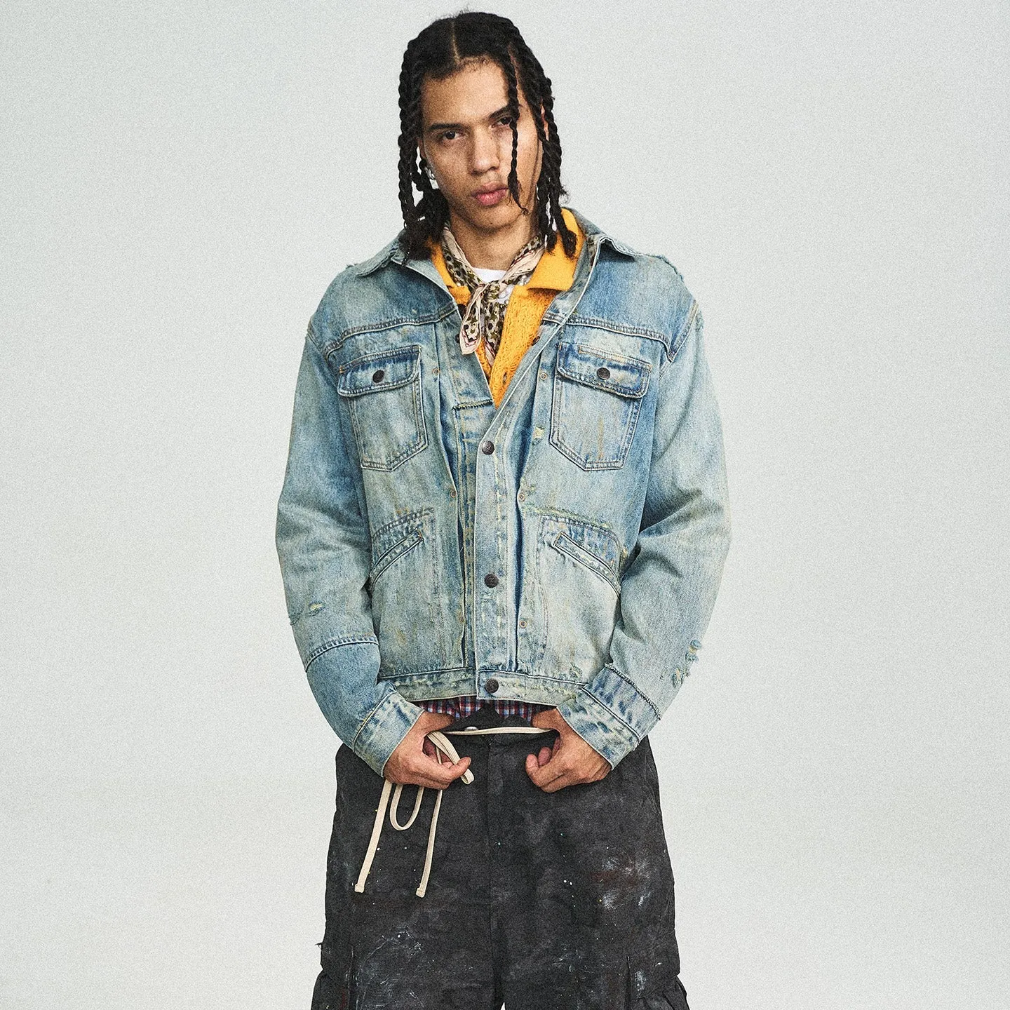 Vintage Washed Pleated Denim Jacket