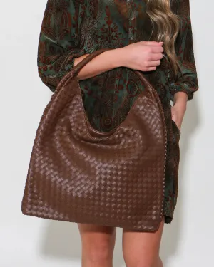 Woven Shoulder Hobo Bag in Brown